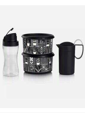 Tupperware Barista Black & White Kitchen Set W/Milk Former & Stackable Canisters